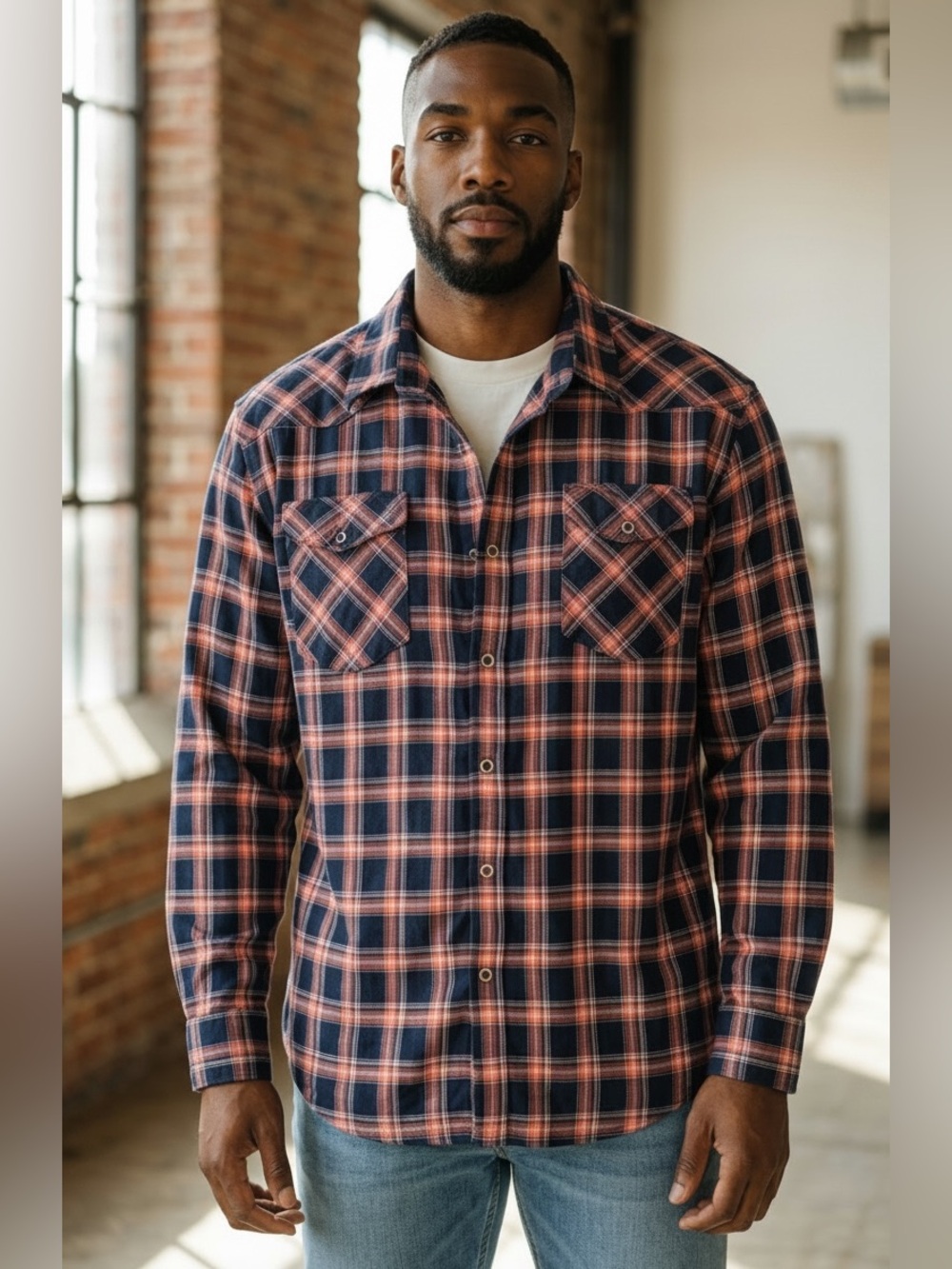 Wrangler Navy and Coral Plaid Button-Down Shirt